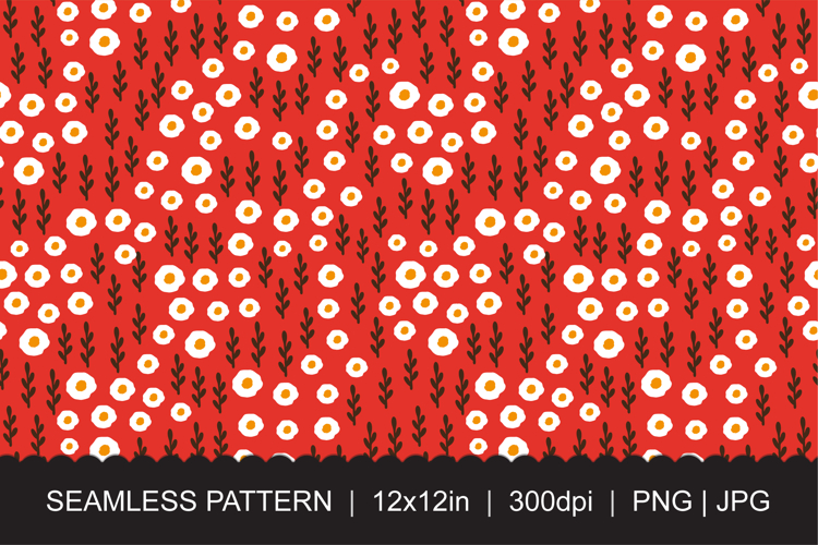 Seamless Red Folk Floral Pattern with White Daisy Flowers
