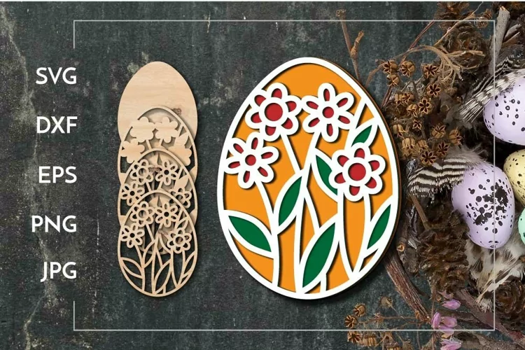 Easter egg Layered ornament with flowers - Laser cut