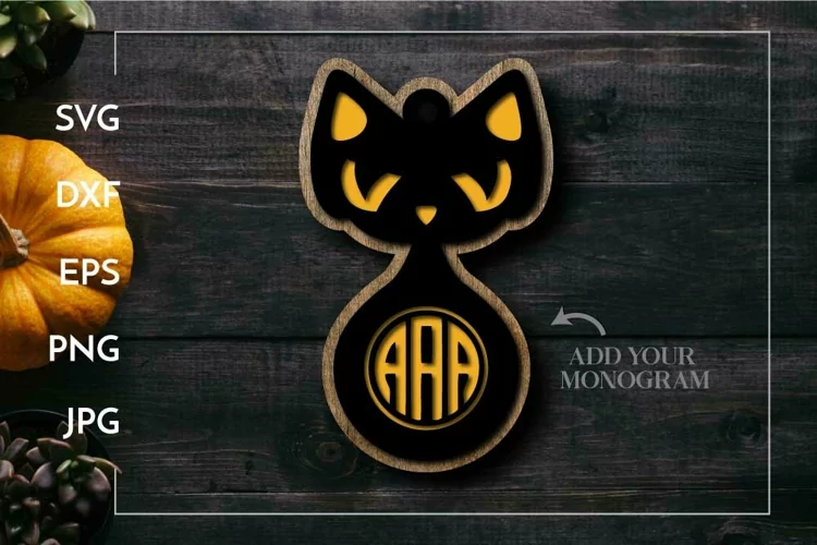 Halloween cat monogram ornament | Layered Halloween Laser cu
