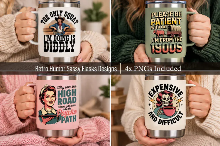4x Retro Humor Sassy Flasks PNG Designs