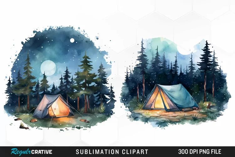 Watercolor Night Tents Design Clipart