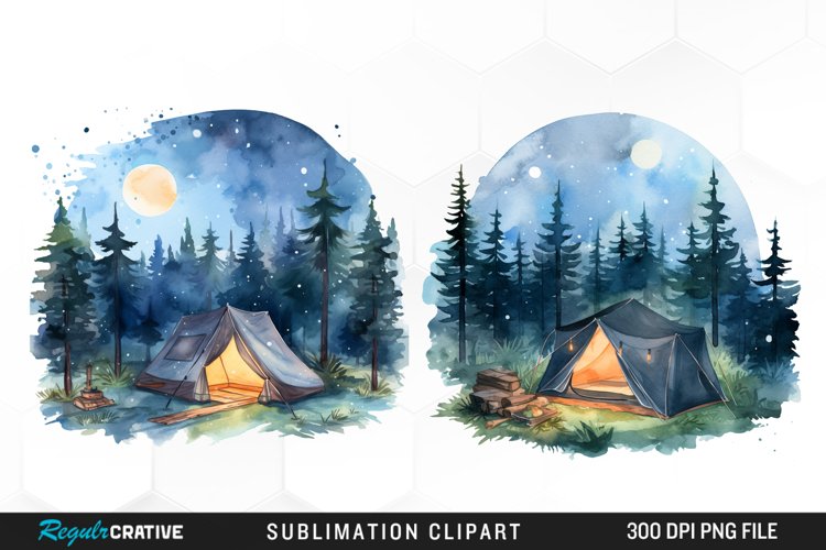 Watercolor Night Tents Design Clipart
