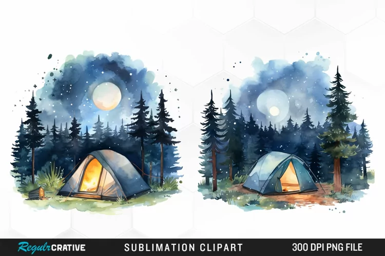 Watercolor Night Tents Design Clipart