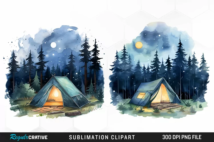 Watercolor Night Tents Design Clipart