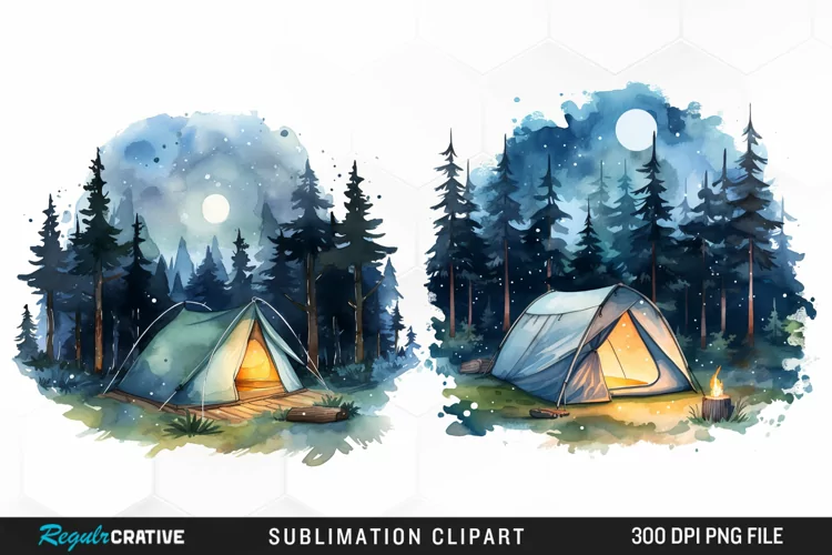 Watercolor Night Tents Design Clipart