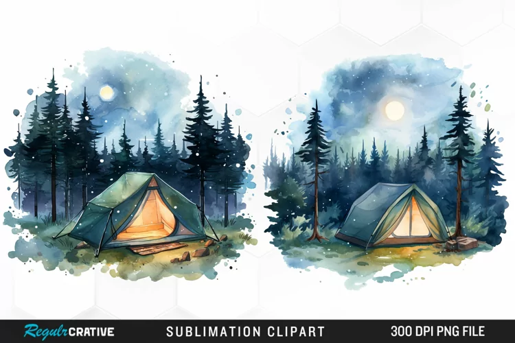 Watercolor Night Tents Design Clipart
