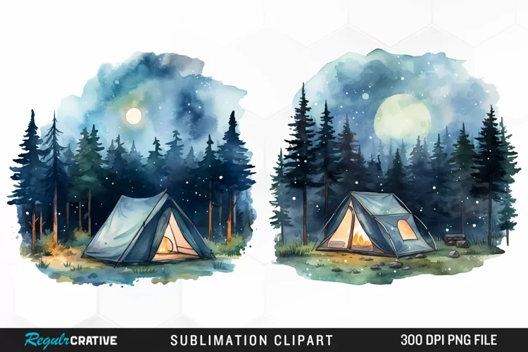 Watercolor Night Tents Design Clipart