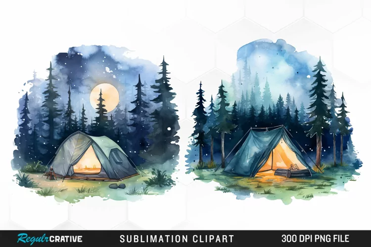 Watercolor Night Tents Design Clipart