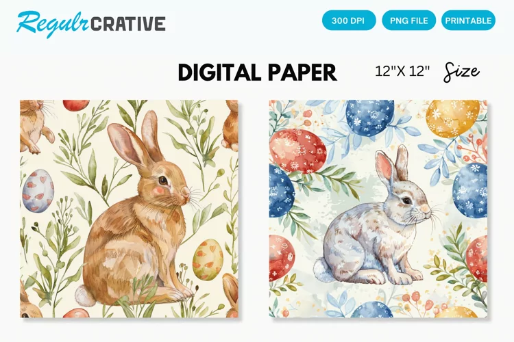 Watercolor Easter Bunny Digital Paper, Easter Bunny Pattern