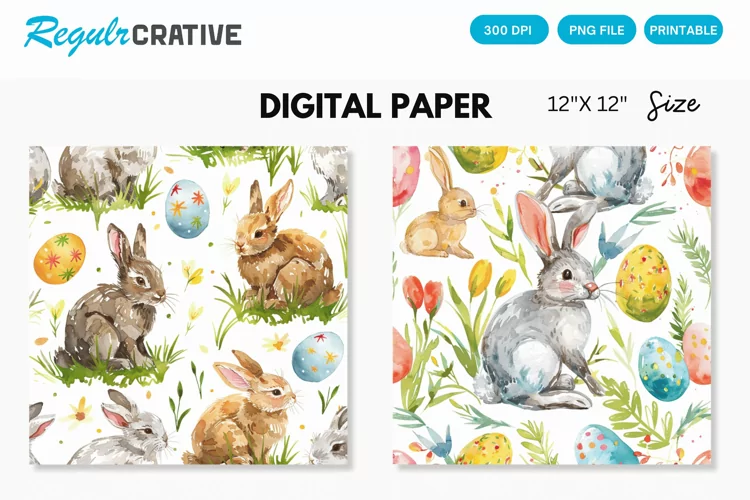 Watercolor Easter Bunny Digital Paper, Easter Bunny Pattern