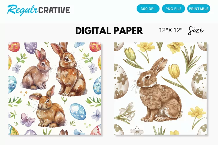 Watercolor Easter Bunny Digital Paper, Easter Bunny Pattern