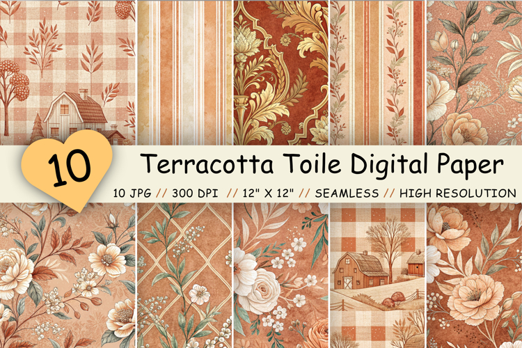 Terracotta Toile Digital Paper Pack, Vintage Floral Toile