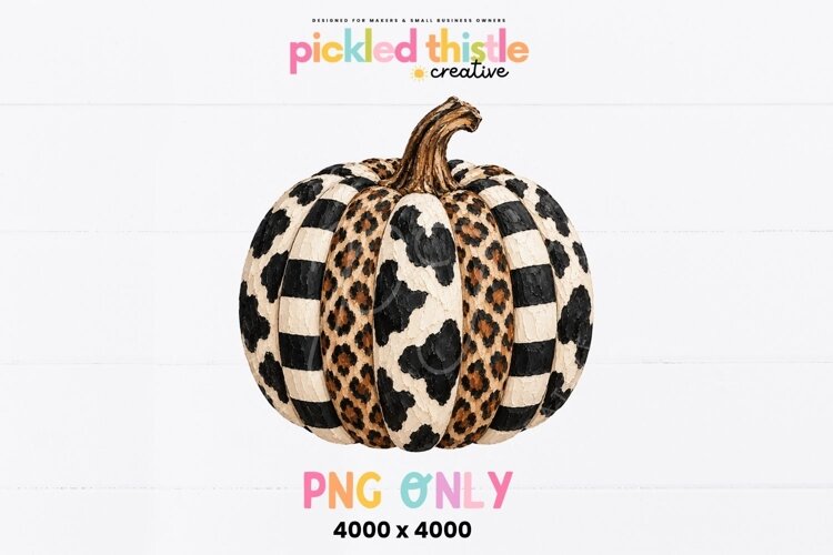 Digital pumpkin PNG with alternating animal-print and checkered sections. The design uses neutral cream, black, tan and brown with a heavily textured hand-painted appearance.