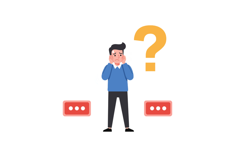 Confused man pondering between two options with a question m