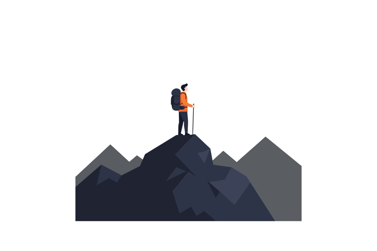 Hiker standing triumphantly on a mountain peak with stunning