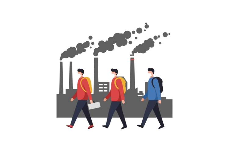 Three workers walking past industrial factories with smoke e