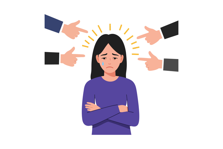 Sad woman with crossed arms surrounded by pointing hands exp