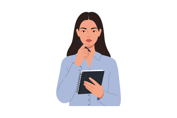 Thoughtful woman holding a notebook and pen, contemplating i