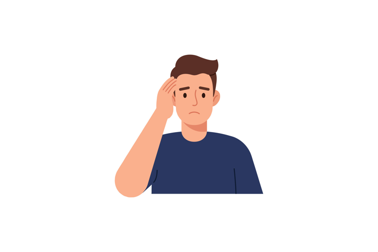 Young man experiencing headache while holding his head in fr