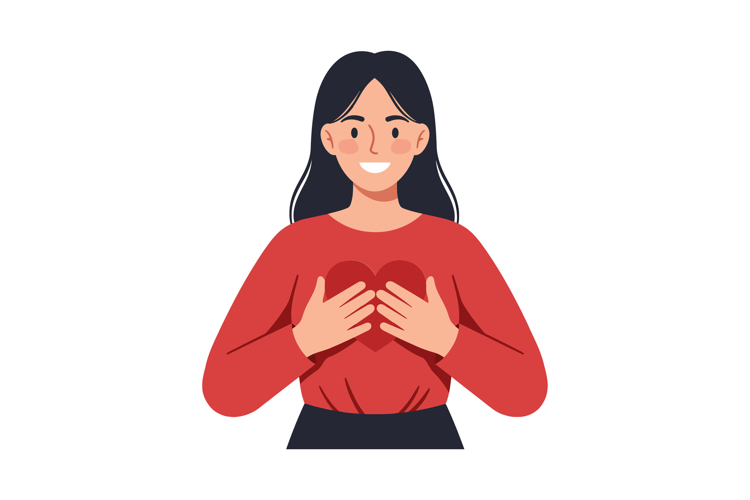 Woman smiling while holding a heart illustration with a warm