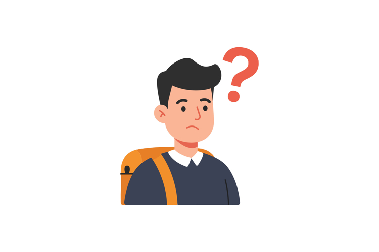 Young man with backpack and question mark expressing confusi