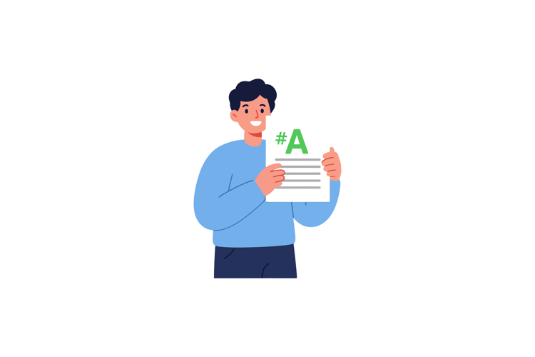 Young man smiles while holding a paper with hashtag and lett
