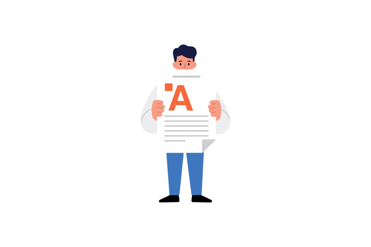 Person holding a large paper with the letter A prominently d