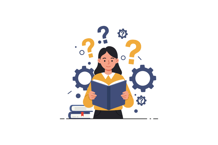 Woman reading a book surrounded by question marks and gears