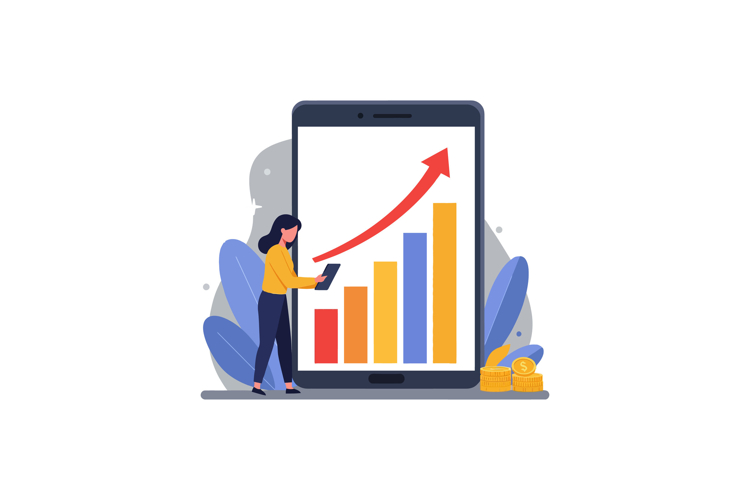 Businesswoman analyzing growth chart on smartphone beside fi example image 1