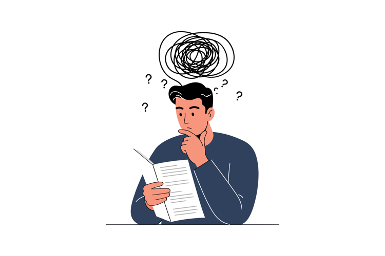 Man pondering over a document with confusion and uncertainty