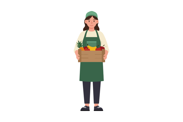 Woman wearing green apron holding a box of fresh fruits and