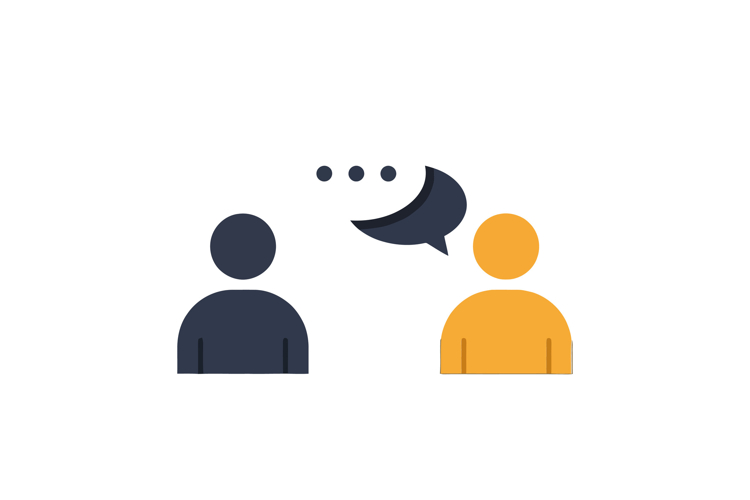 Two people engaged in conversation with speech bubbles above