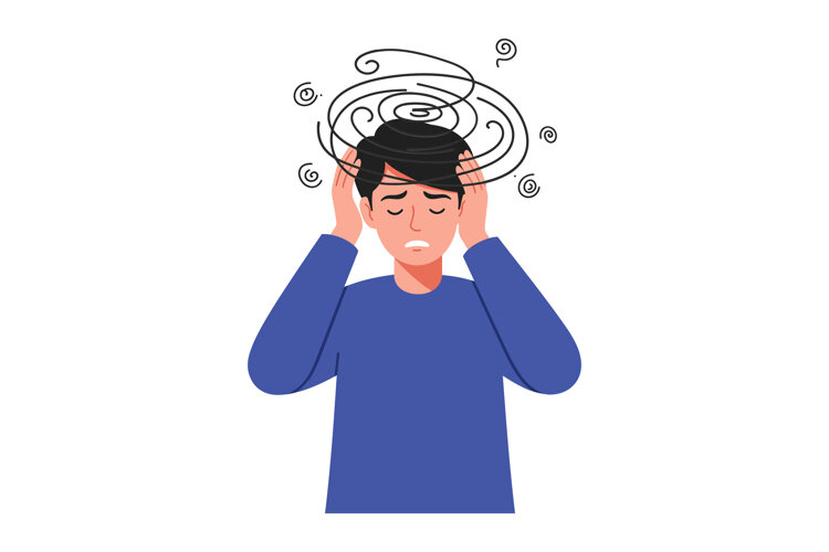 Young man holding his head, feeling dizzy and overwhelmed by example image 1