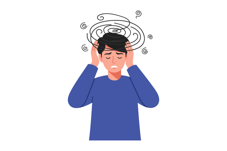 Young man holding his head, feeling dizzy and overwhelmed by