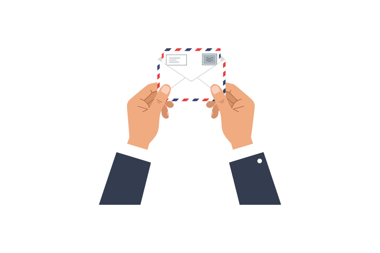Person holding an envelope with hands in a professional styl