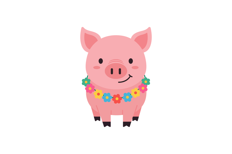 Cute pink pig with colorful flower necklace vector illustrat
