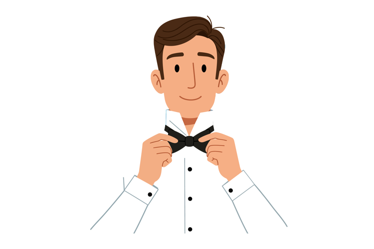 Man adjusting black bow tie on white shirt formal wear vecto