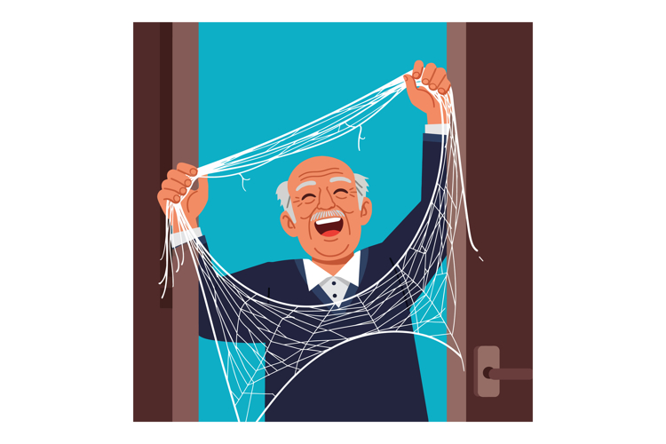 Elderly man happily stretching spring cleaning cobwebs indoo