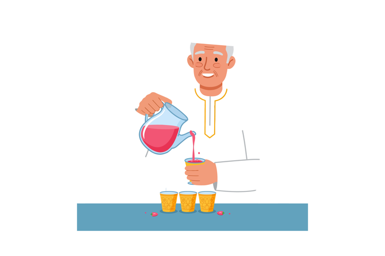 Elderly man pouring juice from pitcher into cups cheerful be