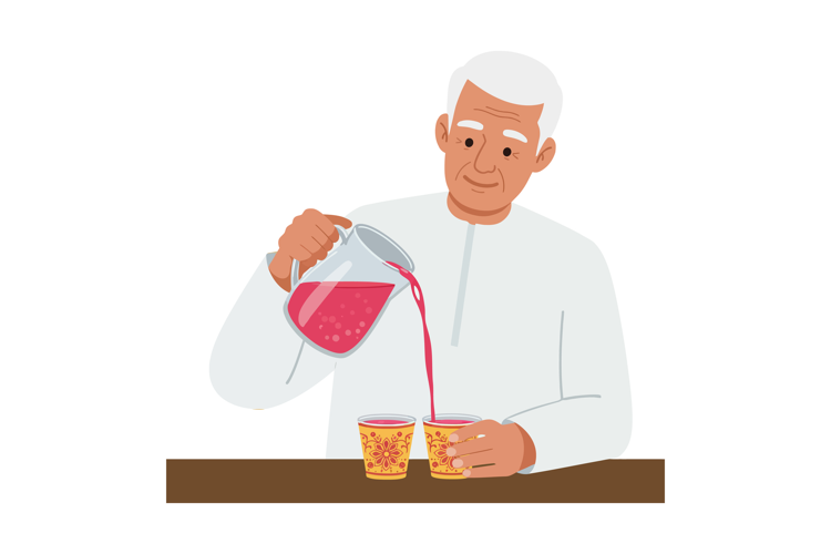 Elderly man pouring red drink into two decorative glasses ve