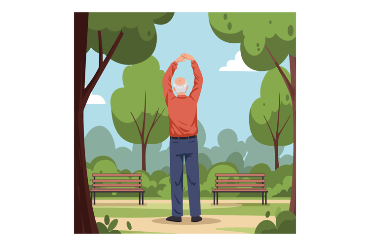 Elderly man stretching in park with green trees and benches