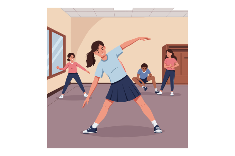 Group of children exercising indoors in a dance or fitness c