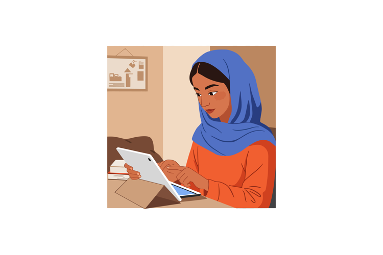 Young woman in blue hijab using tablet device indoors digita