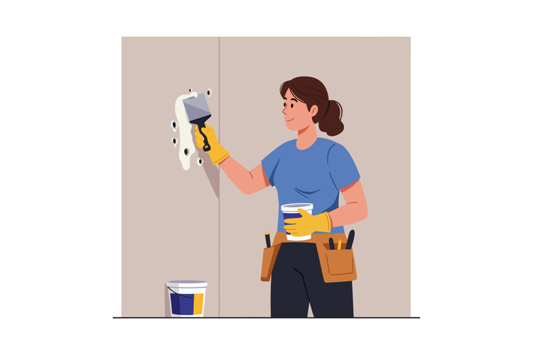 Woman using putty knife to repair wall with blue shirt and t