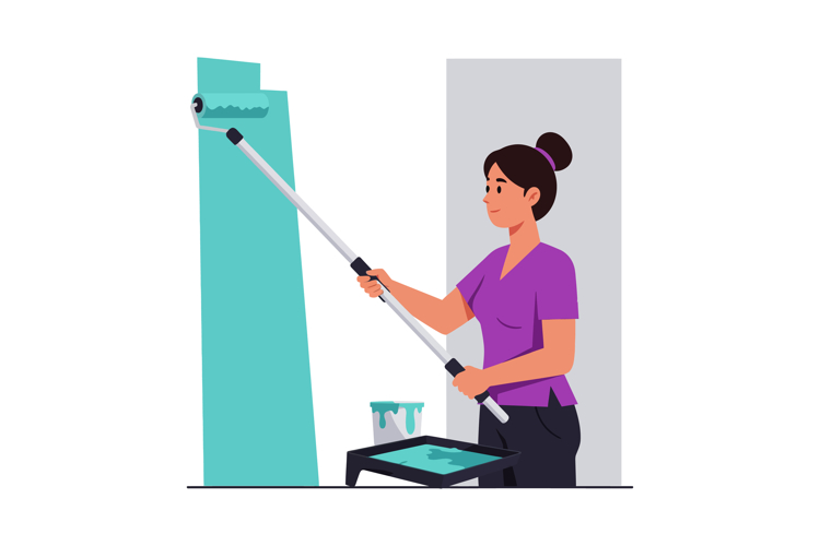 Woman painting wall with roller brush in purple top and blac