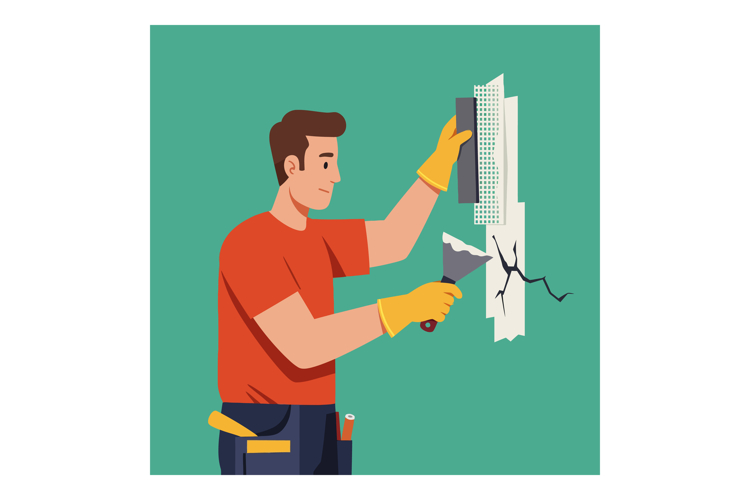 Man repairing cracked wall with putty knife and scraper in h