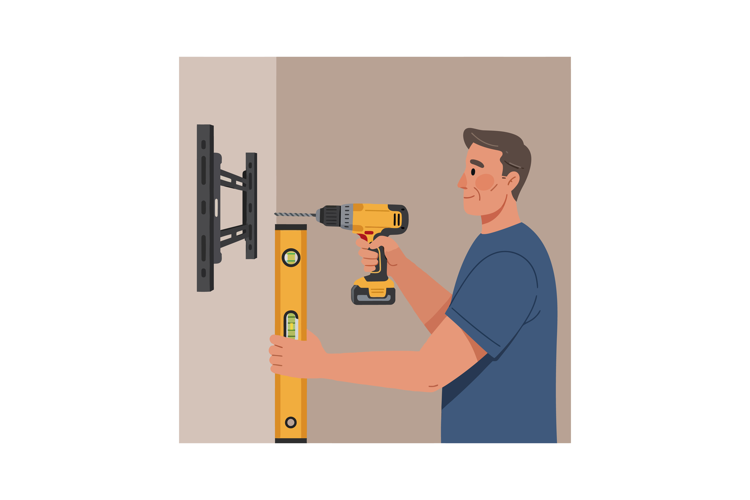 Man Using Power Drill and Level to Mount Wall Bracket Instal