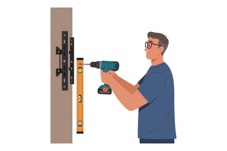 Man using cordless drill to mount television bracket with sp