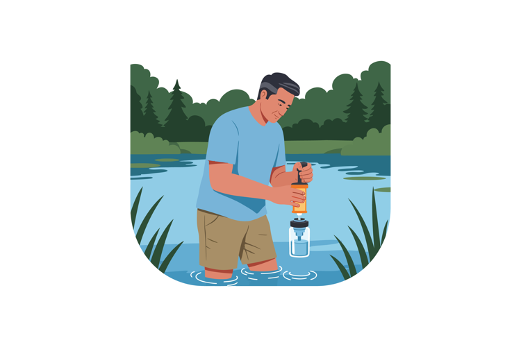 Man Collecting Water Sample in River for Environmental Testi