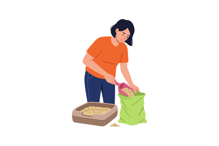 Woman scooping grains into green sack with pink scoop vector